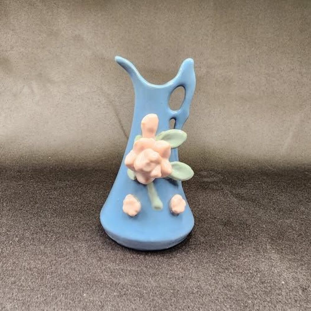 Light Blue Porcelain Bud Vase with Pink Rose Made In Occupied Japan
